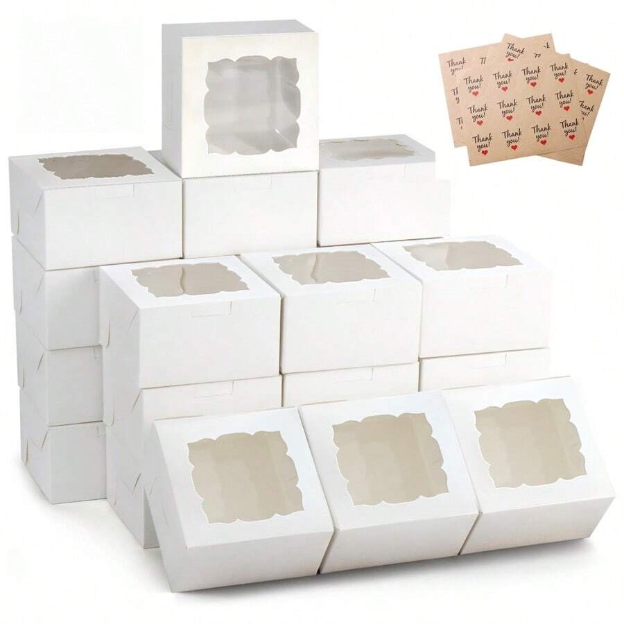 50個白色/牛皮紙窗式烘焙盒，紙板禮品盒，適用於蛋糕、派、杯子蛋糕，附「Thank You」貼紙