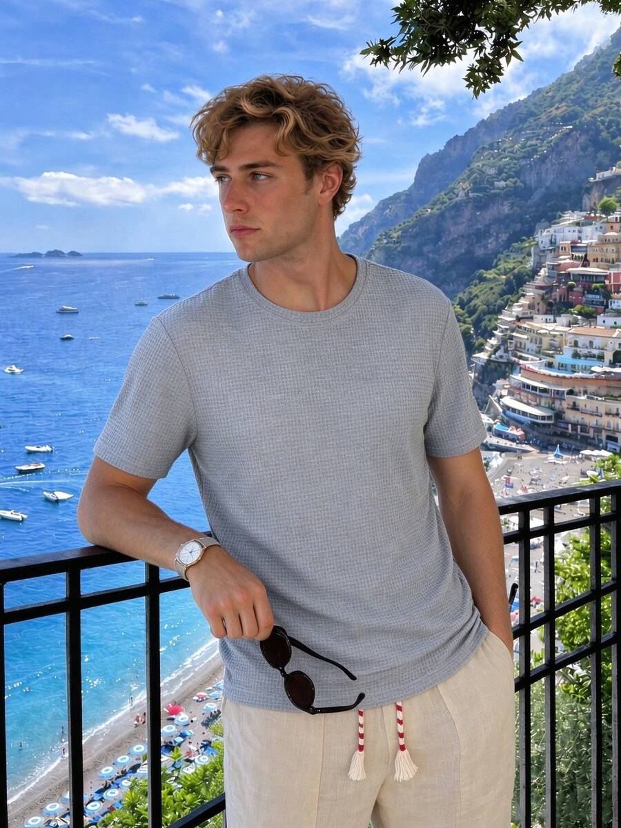 Camvyn Men's Summer Casual Solid Color Plaid Striped Design Slim Fit Short Sleeve T-Shirt - Grey - View 1
