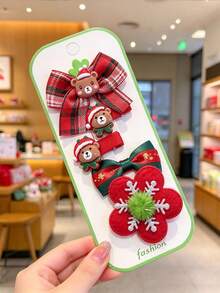 5pcs/Pack New Christmas Bow Hair Clips, Fully Covered Fabric Hair Clips, Deer & Snowflake Alligator Hair Clip Set, Christmas Essential - Multicolor - View 9