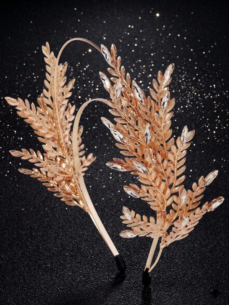 1pc Rhinestone Leaf Halo Crown Golden Goddess Headband Bridal Wedding Prom Hair Accessory
