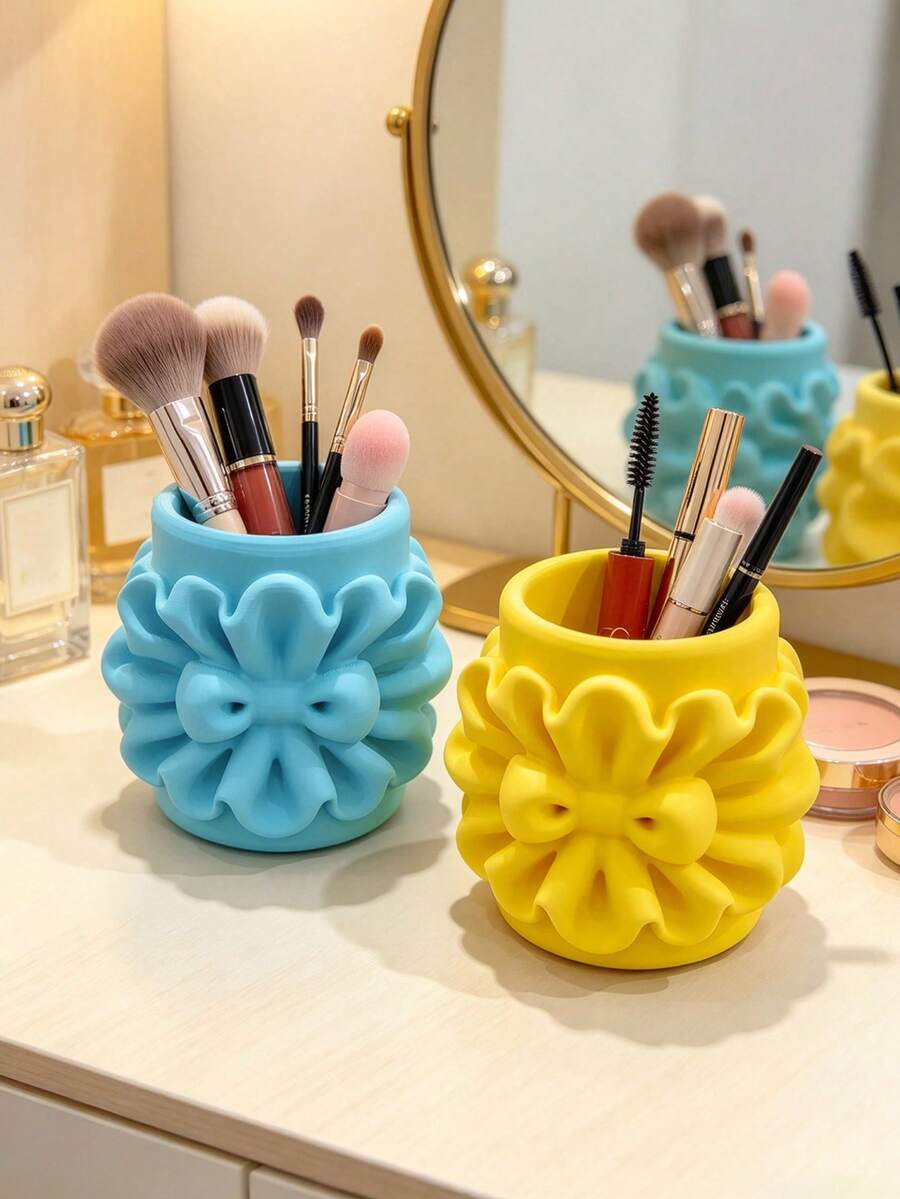 Tempat Kuas Makeup Bentuk Pita Cetak 3D, Desain Renda Berkerut, Tersedia Berbagai Warna, Ruang Penyimpanan Luas, Dapat Menampung Lipstik dan Kuas Makeup, Menciptakan Meja Rias yang Manis dan Elegan