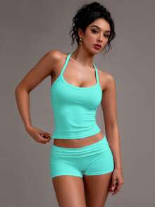 XLLAIS Women's Minimalist Solid Color Criss-Cross Backless Elastic Fitness Camisole Casual Summer, Athleisure - Mint Blue - View 9