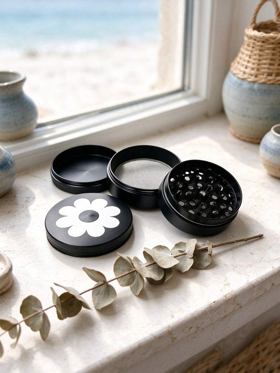 1件 50MM 極簡黑白雛菊印花 4層研磨器，磨砂黑鋅合金附金屬篩網，便攜式研磨工具，抽菸配件