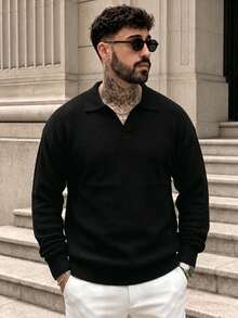 Lookun Men's Knit Polo Sweater With Turn-Down Collar And V-Neck Opening, Loose Fit And Dropped Shoulders, Autumn/Winter - Black - View 4
