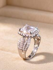 1PC Women's Rectangular Halo Zirconia Ring, Dual Color Options, Sparkling Cluster Zirconia Engagement Promise Ring, Exquisite Personalized Jewelry, Ideal Gift For Valentine's Day, Christmas, Birthday - Fashion - View 11