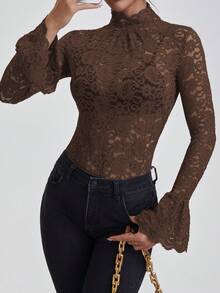 優雅女款棕色立領蕾絲襯衫，喇叭長袖，秋季穿搭 - 棕色 - 查看 8
