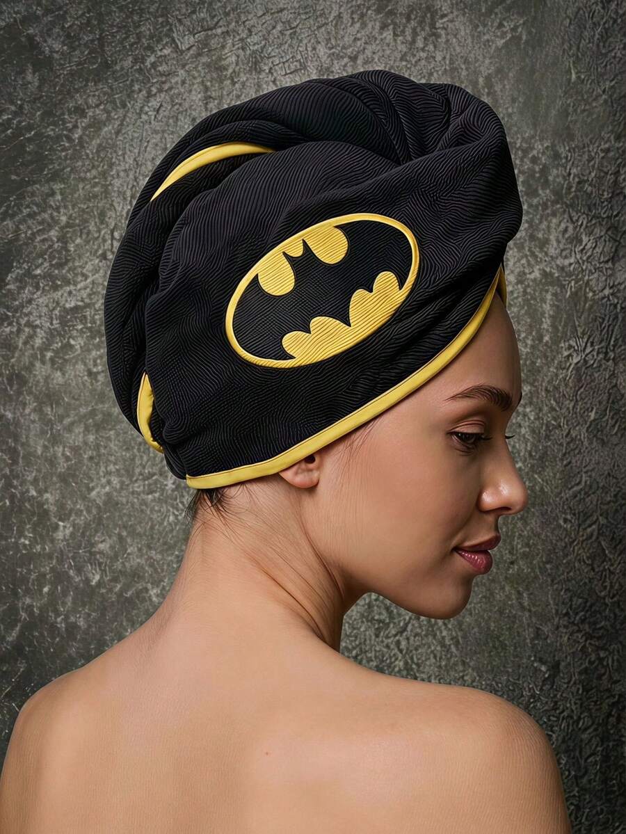 BATMAN X POKOJA LAND 1件裝 Logo刺繡圖案珊瑚絨乾髮帽,柔軟舒適,可水洗水洗面料,男女通用,可愛卡通風格,沐浴後使用理想之選,居家護髮 - 黑色 - 查看 1