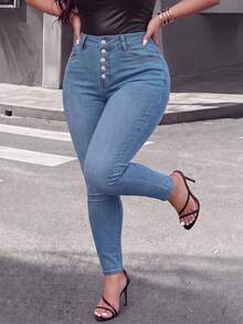 Women's Plus Size High Elasticity Denim Skinny Jeans, Decorated With Decorative Buttons, Fitted Design, Long Length, Creating A Charming Look, Autumn - Blue - View 5
