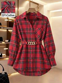 Women's Autumn/Winter Holiday Color Plaid Mid-Length High-Low Hem Slightly Dropped Shoulder Loose Fit Metal Buckle Design Belt Long Sleeve Shirt - Red - View 3