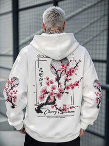 Simple Studio | 新中式日系水墨櫻花圖案雙面印花連帽衛衣，男士溫柔療癒慵懶垂墜白色街頭風帽衫 - 白色 - 查看 3