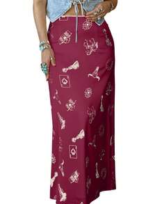 Acelitt Women's Burgundy Western Style Mustang Print Satin Fitted Casual Fashion Skirt, All Season - Burgundy - View 1