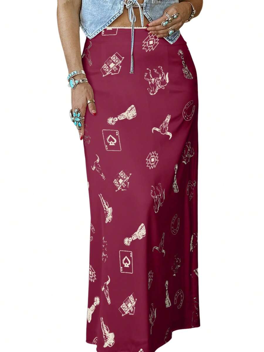 Acelitt Women's Burgundy Western Style Mustang Print Satin Fitted Casual Fashion Skirt, All Season - Burgundy - View 1