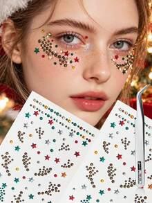 2/3 Sheets Christmas Atmosphere Face Gem Decoration Sticker, Self-Adhesive, Christmas Tree, Snowflakes, Antlers, Star, Multi-Element Patterns, Suitable For Christmas Party, Rave, Portrait Photography, Stage Makeup Face Decoration - Multicolor - View 10