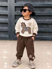2pcs/Set Kids Plaid Maillard Colorblock Pony Patchwork Star Print Vintage Style Sweatshirt & Pants Set, Y2K Casual Children's Clothing Outfit - Brown - View 3