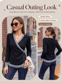 Plus Size Women Fall Winter Wrap V Neck Color Block Button Knit Sweater, Slim Fit Long Sleeve Pullover For Commute Date Daily Outing - Black - View 7