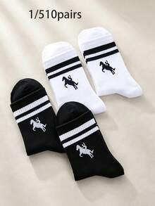 1/5/10 Pairs Unisex Knee-High Striped Socks With Horse Pattern, Soft And Comfortable. Suitable For Sports, Daily Wear Or Outdoor Activities, Versatile For All Seasons. - Multicolor - View 11