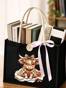 Canvas Tote Bag With Makeup Bag, Printed With Cow Pattern, Adorned With Pink Bow, Matching Makeup Bag, Shopping Bag, Foldable And Lightweight, Multi-Functional Handbag, Suitable For Commuting, Shopping, Daily Use, Party Gift, Suitable As Birthday Gift For Friends And Best Friends, Teacher's Day Gift, Back To School Gift - Multicolor - View 3