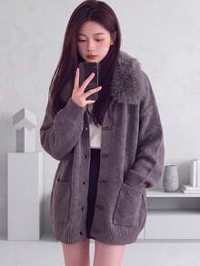 Women's Autumn/Winter Casual Elegant Fur Collar Design Loose Knit Cardigan Jacket - Grey - View 1