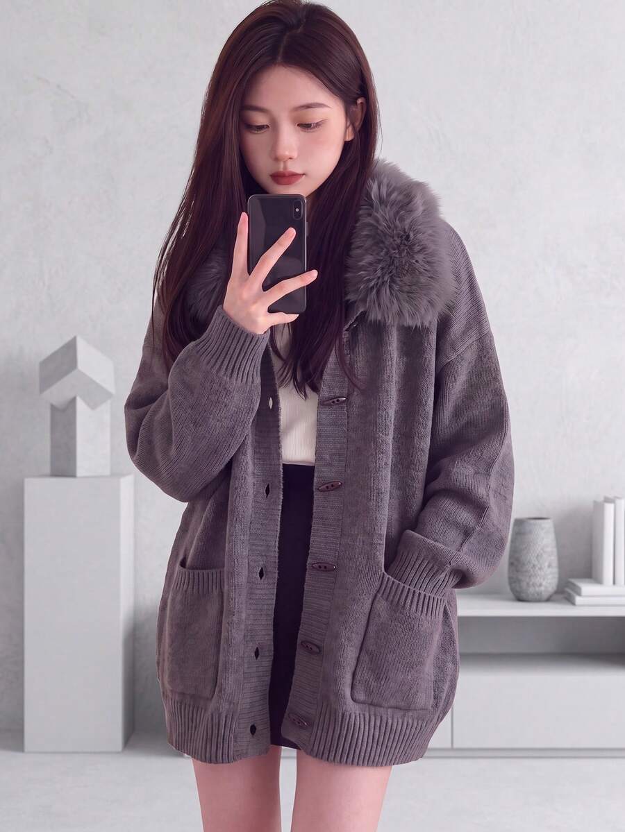 Women's Autumn/Winter Casual Elegant Fur Collar Design Loose Knit Cardigan Jacket - Grey - View 1
