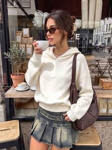 Women's White Polyester Short Long Sleeve Hooded Sweatshirt, Casual Short Daily Top, Slightly Elastic Fabric - Apricot - View 4