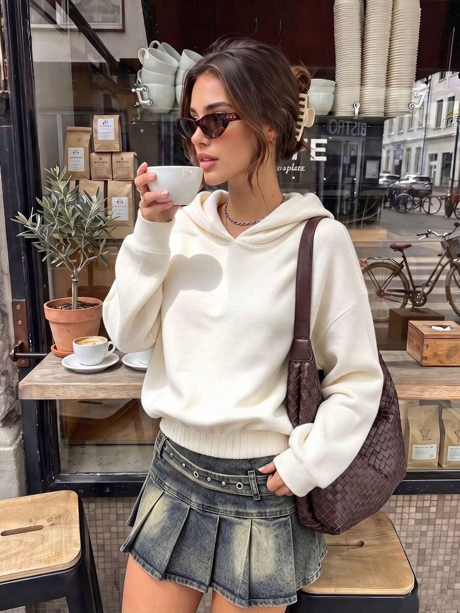 Women's White Polyester Short Long Sleeve Hooded Sweatshirt, Casual Short Daily Top, Slightly Elastic Fabric - Apricot - View 1