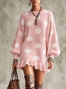 Women's Comfortable Pink Polka Dot Knit Sweater Dress, Long Sleeve Ruffle Hem Casual Pullover, Winter Style - Pink - View 2