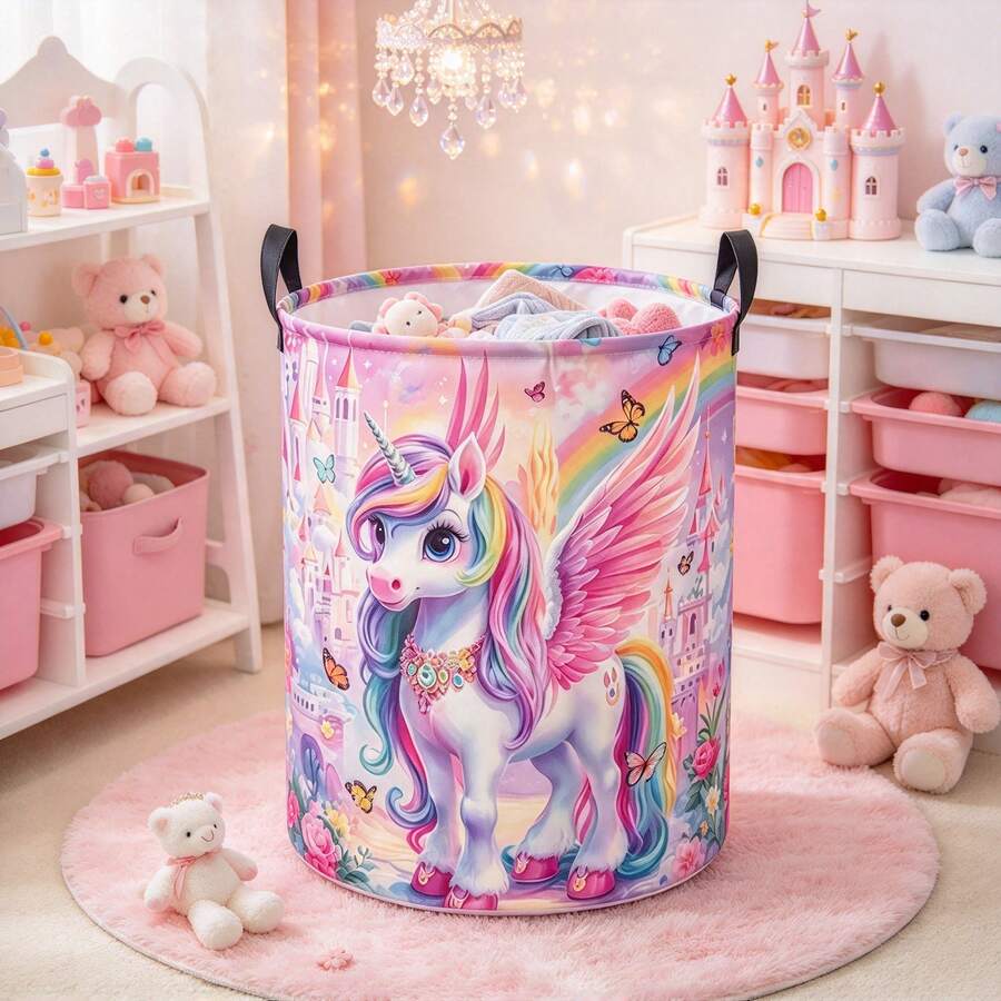 1PC Collapsible Fabric Storage Basket With Magical Winged Unicorn Rainbow Castle Butterfly Floral Print, Multifunctional Organizer For Clothes, Sundries And Toys, Home Decor, Room Decor, Bedroom Decor - Pink - View 1