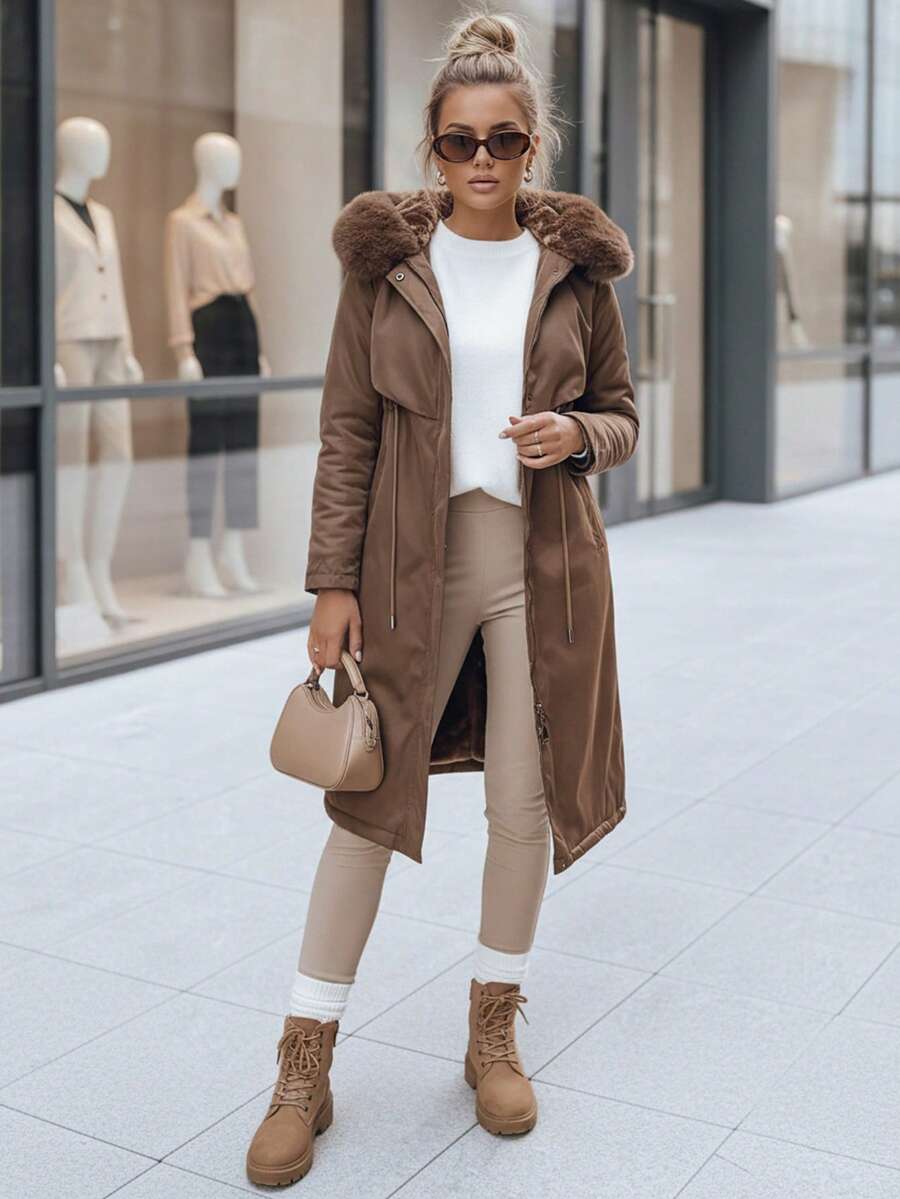 Women's Long Parka Jacket With Faux Fur Hood, Drawstring Waist, Zip And Snap Closure - Brown - View 1