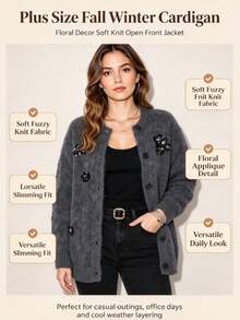 Plus Size Women's Sequin Floral Plush Knit Cardigan, Round Neck Button Front Sweater Jacket, Loose Fit Slimming Daily Wear Black, Autumn/Winter - Black - View 2