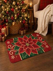 1pc Christmas Poinsettia Pattern Bathroom Mat, Machine Washable Indoor/Outdoor Decorative Carpet, Christmas Theme Velvet Doormat Suitable For Entryway, Bathroom, Door, Living Room And Christmas Home Decor - A - View 4