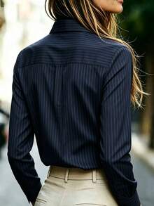 Women's Autumn Striped Front Button Pocket Casual Shirt - Navy Blue - View 4