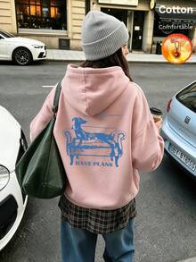 Autumn/Winter Women's Fleece Hoodie, Featuring A Dog Lying On A Sofa Graphic With "HAVE PLANS" Text, Y2K Style - Sand Red - View 10