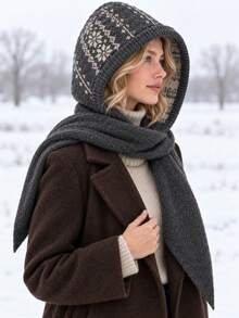 1pc Women's Pattern Hooded Knit Warm Decorative Casual Cute Style Hooded Scarf Suitable For Skiing, Outdoor, Outing In Autumn/Winter - Multicolor - View 5