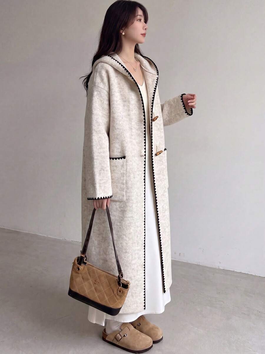 Women's Casual Contrast Color Trim Hooded Cardigan Sweater Coat, Long Style For Winter Fall - Oatmeal - View 1