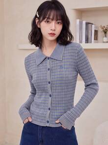 女款秋季休閒個性化細條紋翻領針織開襟毛衣 - 淺灰色 - 查看 1
