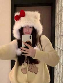1pc Women's Cute Cat Ear Design Warm Earmuff Hat, Polyester Material, Suitable For Students, Winter Autumn Valentine's Day Witch Style - White - View 2
