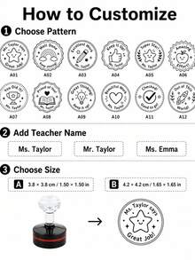 Personalized Teacher Stamp Self-Inking Custom Classroom Reward Stamp With Teacher's Name 12 Cute Styles Refillable Rubber Stamp For Grading Worksheets, Notebook Feedback School Supplies Size A 3.8x3.8cm Size B 4.2x4.2cm - Multicolor - View 2