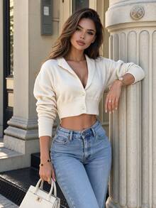 Vexica Women's Sexy White Knit Top, Collared Deep V Button Down Cropped Cardigan Winter Party Night Out Daily - Apricot - View 3