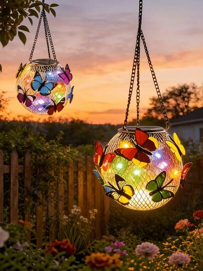 Glass Solar Hanging Light, Colorful Butterfly Decorative Lamp, Waterproof Auto On/Off LED Fairy Light, Outdoor Patio Garden Porch Hanging Decor, Christmas Halloween Party Yard Landscape Decoration