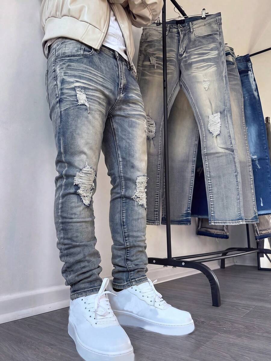 Mud Yellow Vintage Distressed Denim Jeans, Street Style Ripped Straight Leg Jeans, American High Street Cat Whisker Pattern Denim Pants, Patchwork All-Season Wearable Men's Jeans