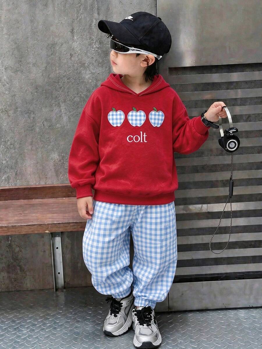 2pcs/Set Baju Balita Motif Apel Kartun Atasan Berkerudung & Celana Longgar Kotak-kotak Biru, Pakaian Anak Sehari-hari yang Lucu - Merah - View 1