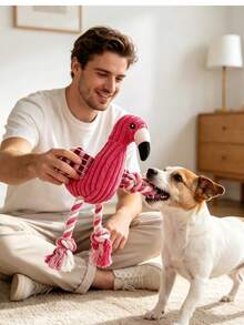 Flamingo Dog Plush Rope Toy, Durable Teething Chew Toy For Small Medium Dogs, Interactive Squeaky Stuffed Pet Toy, Tug‑Of‑War Cotton Rope Legs, Bite‑Resistant Puppy Enrichment Play Toy For Stress Relief & Teeth Cleaning - Rose Red - View 2