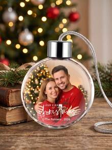 1pc Custom Photo And Text Christmas Ball Ornament, Personalized Our First Christmas Couple Round Bauble, Custom Keepsake Christmas Gift For Newlyweds - Multicolor - View 4
