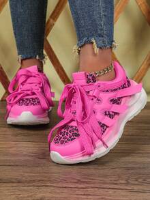 2026 New Women's Shoes: Pink Leopard Print Patchwork Chunky Heel Sandals, Neutral Style, Suitable For Daily Wear Or Sports - Hot Pink - View 2