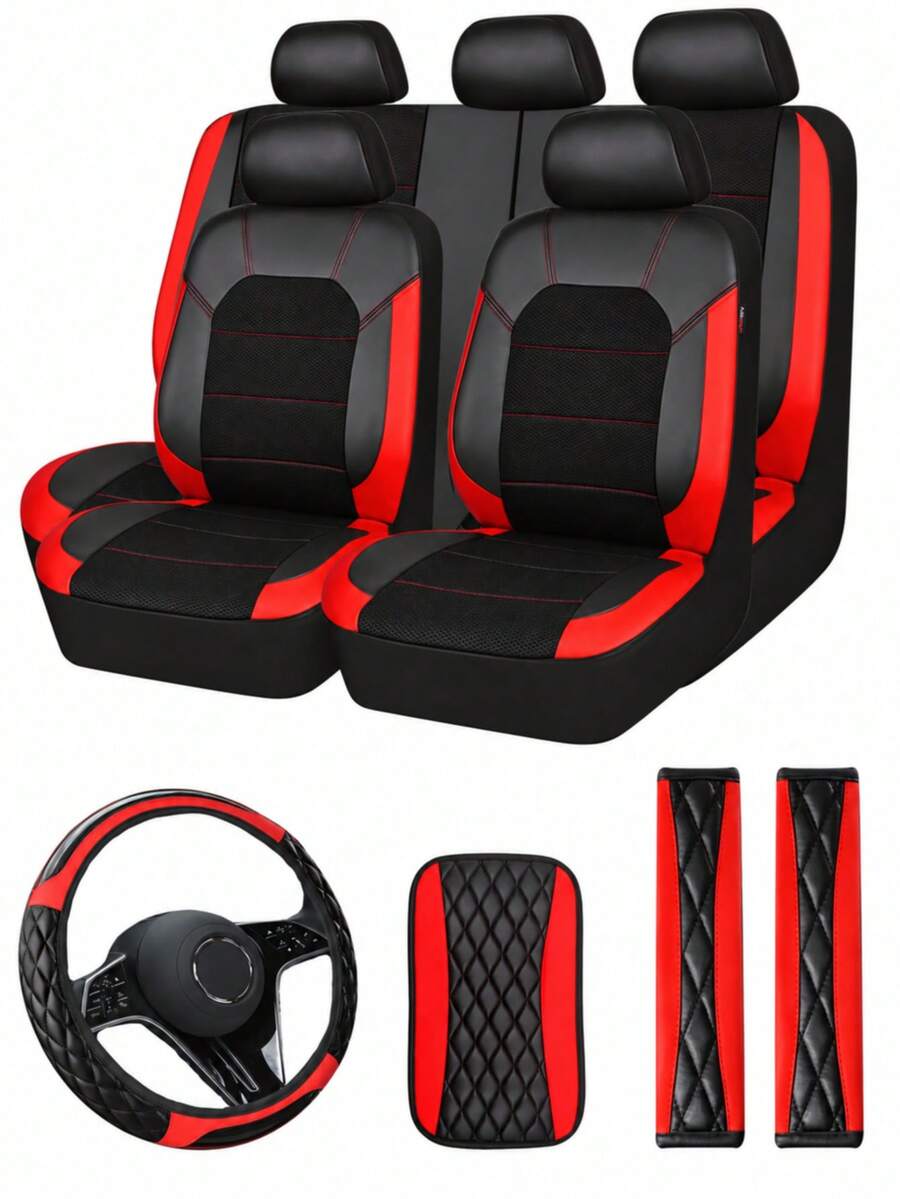 13/4pcs Universal Car Seat Covers - Black PU Leather & Breathable Mesh Seat Protector, Includes Steering Wheel Cover, Armrest Pad And Shoulder Strap Cover - Fine 3D - View 1