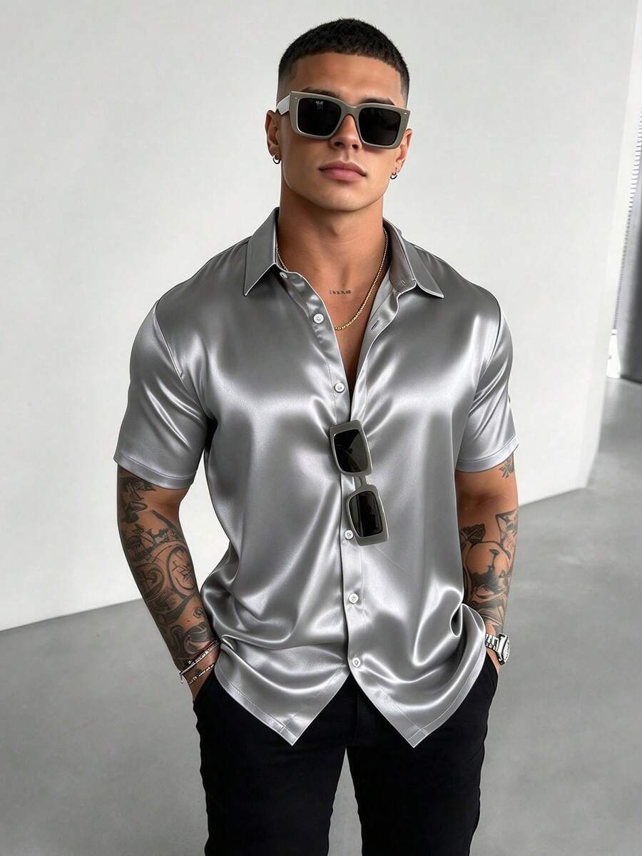 WAIT HIM Men's Satin Short Sleeve Formal Shirt - Silver - View 1