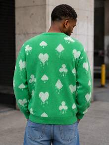 BLACKTOEXIT Men's Crew Neck Poker Card Element Jacquard Sweater, Heart Spade Club Ink Splatter Design Loose Drop Shoulder Autumn/Winter Pullover Knit Sweater - Green - View 4