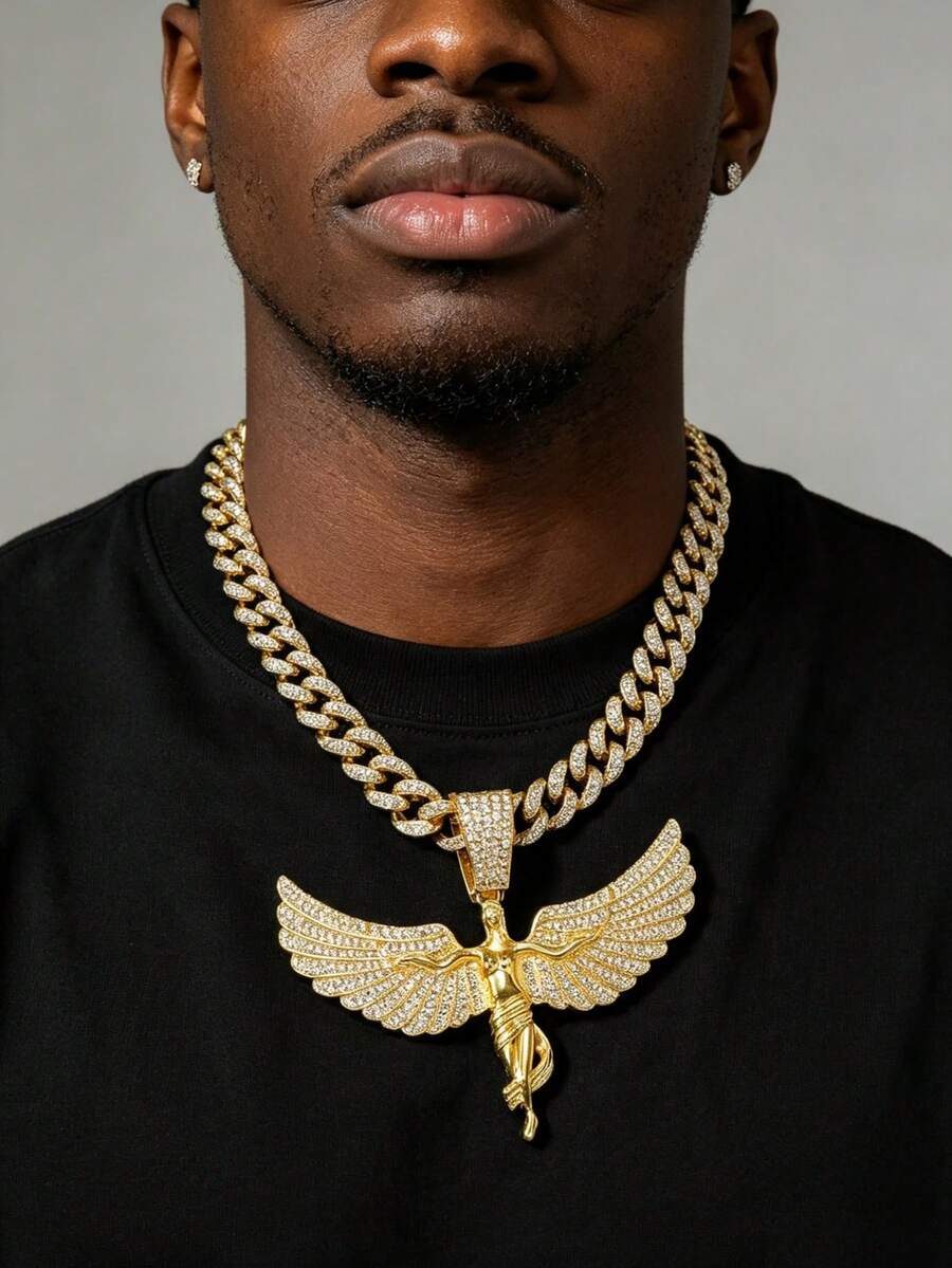 1pc Men's Full Rhinestone Cuban Chain Hip Hop Style Personalized Large Angel Wing Pendant Necklace - Angel Wings - View 1