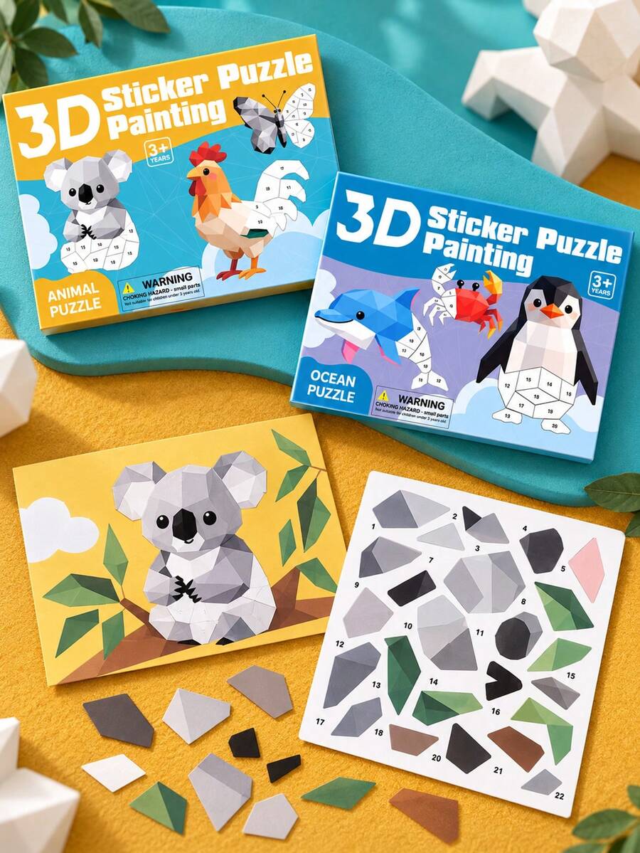 1件 3D貼紙拼圖,多邊形數字拼圖貼紙,恐龍、海洋、動物、交通4個主題,預分數字背景,配色色塊貼紙,無需剪刀,直接撕貼,完整幾何風格藝術圖案,培養觀察力,認識多樣事物,適合親子互動、居家休閒、桌面手工,適合喜好趣味手工創作的使用者,教育數字貼紙拼圖,兒童趣味拼貼手工套裝 - 彩色 - 查看 1