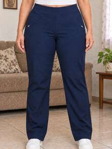 Pantalón casual de vestir para mujer curvy plus size talla extra grande cintura alta corte semirecto al tobillo tela elástica y bolsillos laterales ajuste favorecedor estilo casual elegante - Marino Liso - Ver 6